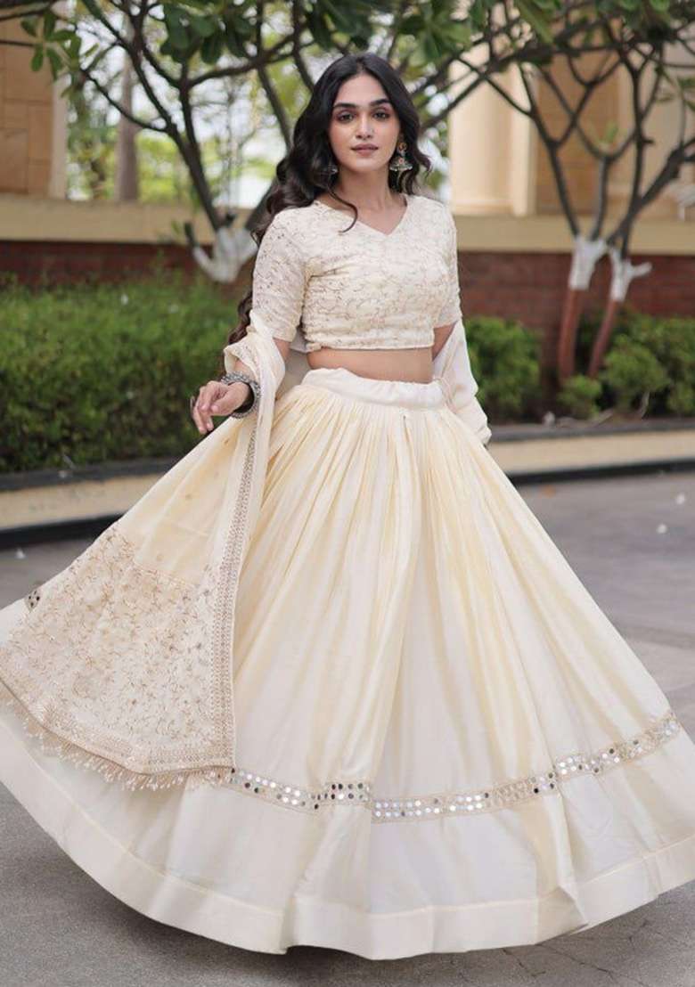 White Sequin Work Satin Lehenga Set - Indya