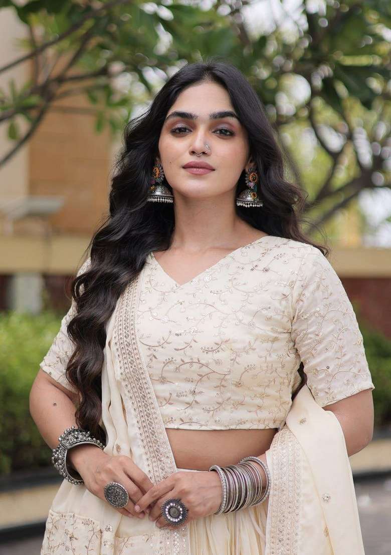 White Sequin Work Satin Lehenga Set - Indya