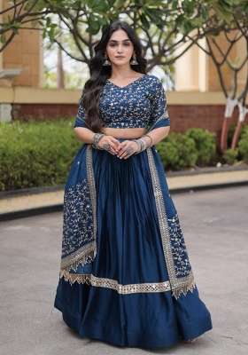 Rama Work Satin Lehenga Set with Sequin for Diwali | Wedding & Festive Wear