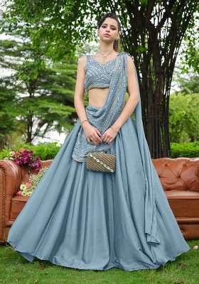 Blue Sequin Work Chinon Lehenga Set for Diwali and Festive Wear
