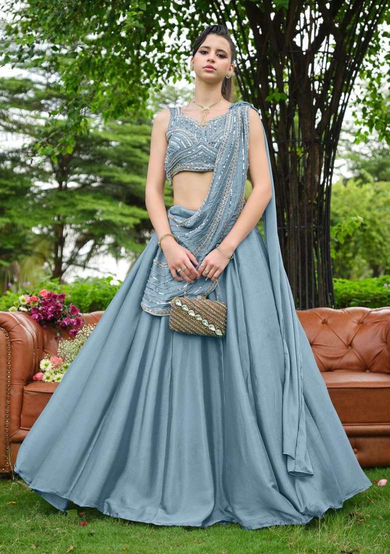 Blue Sequin Work Chinon Lehenga Set for Diwali and Festive Wear - Indya