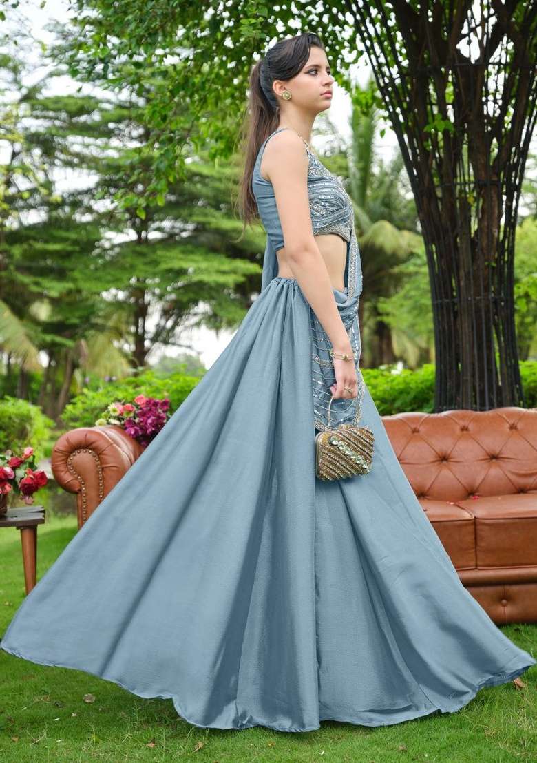Blue Sequin Work Chinon Lehenga Set for Diwali and Festive Wear - Indya