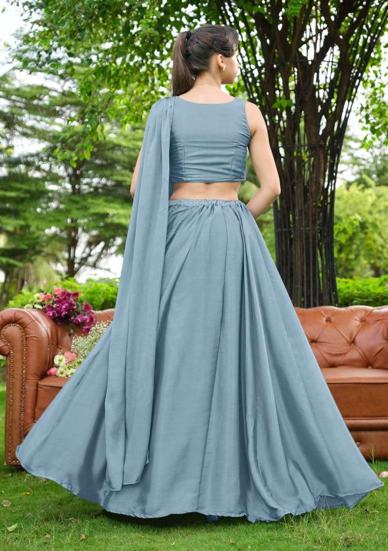 Blue Sequin Work Chinon Lehenga Set for Diwali and Festive Wear - Indya
