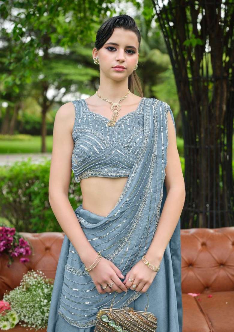 Blue Sequin Work Chinon Lehenga Set for Diwali and Festive Wear - Indya