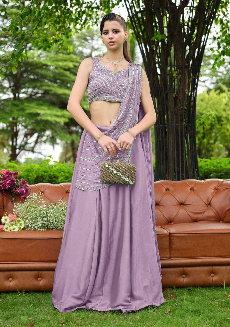 Purple Sequin Work Chinon Lehenga Set for Diwali and Festive Wear - Indya