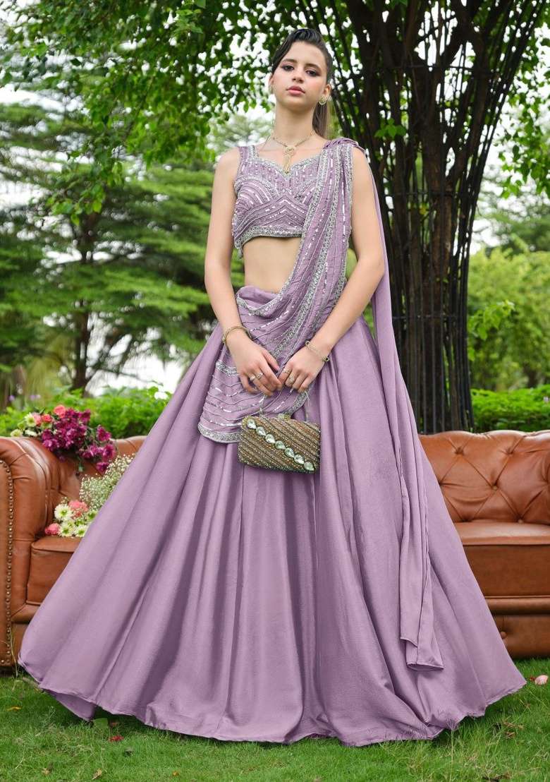 Purple Sequin Work Chinon Lehenga Set for Diwali and Festive Wear - Indya