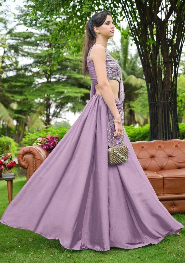 Purple Sequin Work Chinon Lehenga Set for Diwali and Festive Wear - Indya