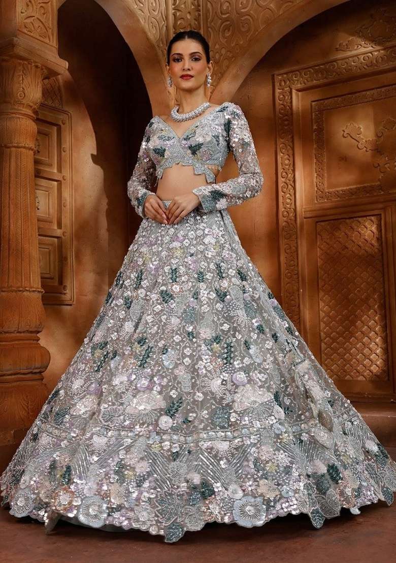Sky Blue Embroidery Net Lehenga Set for Diwali and Festive Wear - Indya