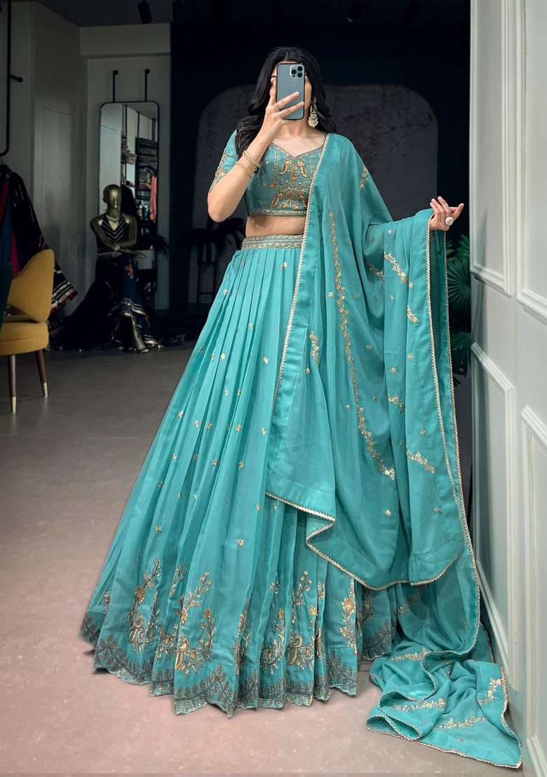 Blue Sequin Work Georgette Lehenga Set - Indya