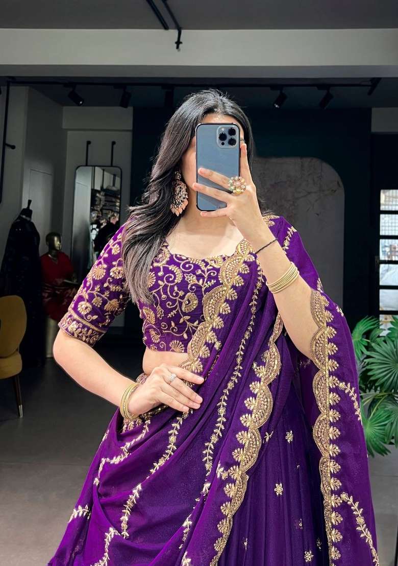 Purple Sequin Work Georgette Lehenga Set - Indya