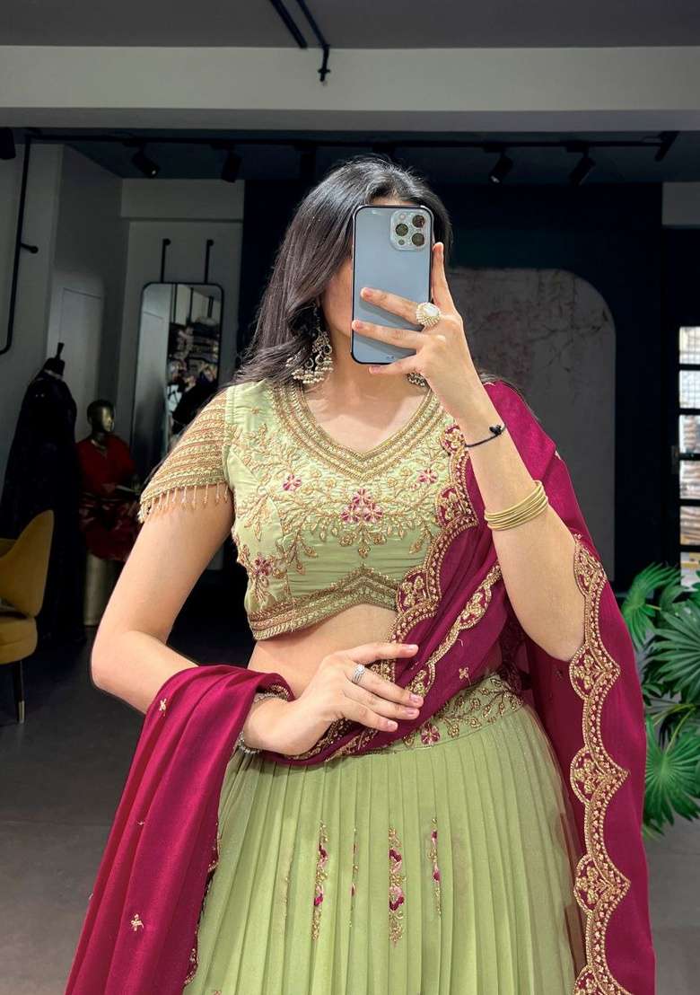 Green Sequin Work Georgette Lehenga Set - Indya