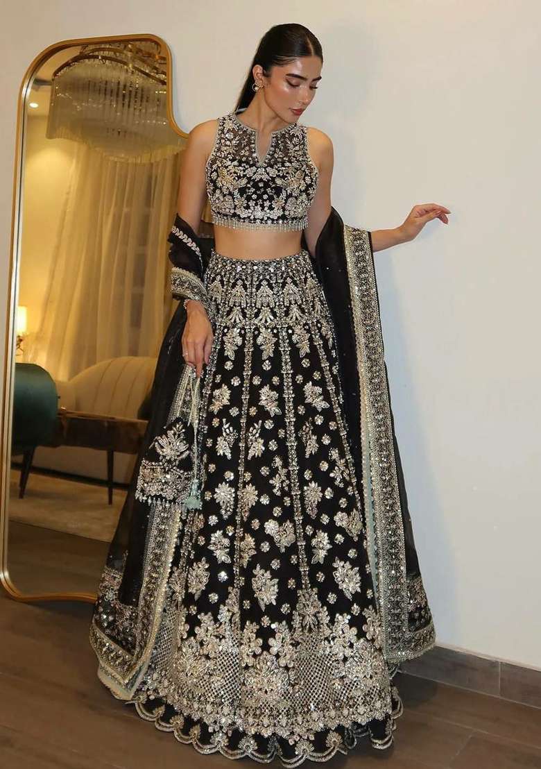 Black Sequin Work Chinon Lehenga Set - Indya