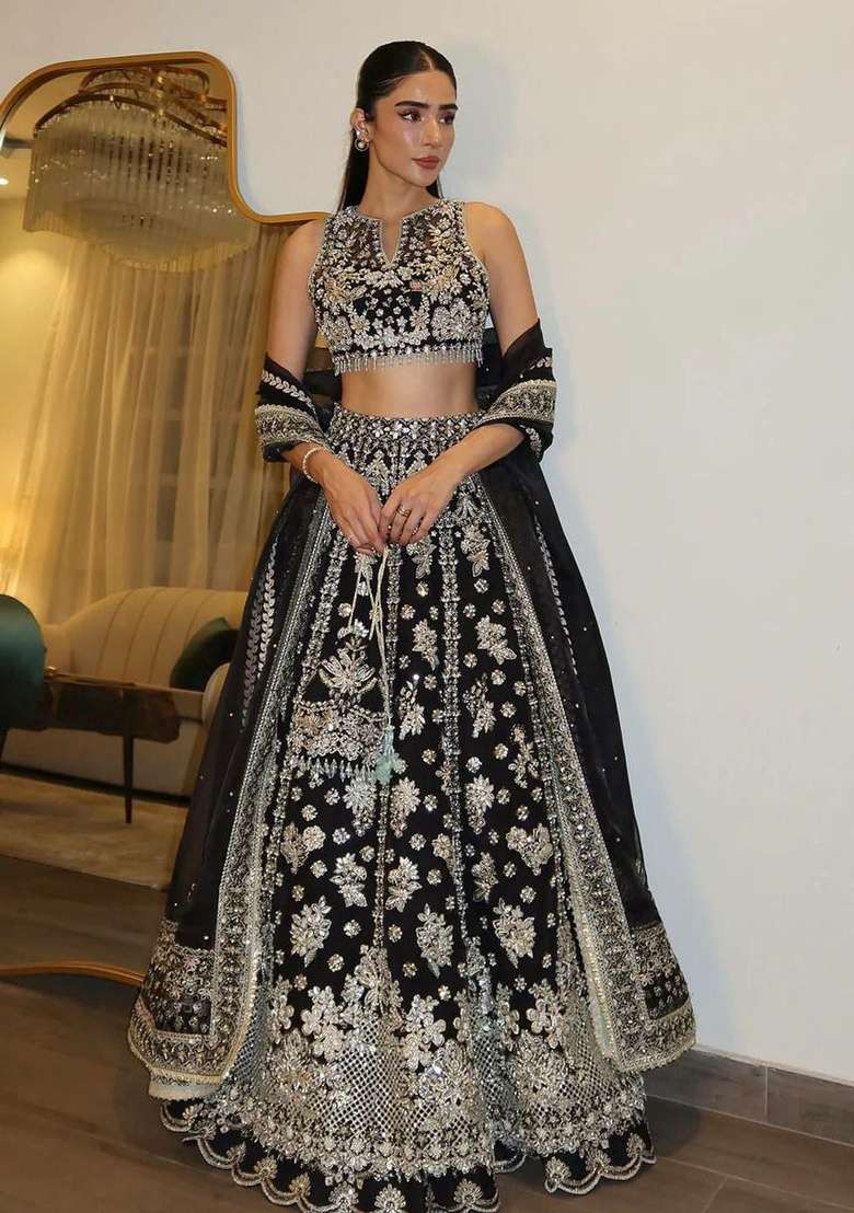 Black Sequin Work Chinon Lehenga Set - Indya