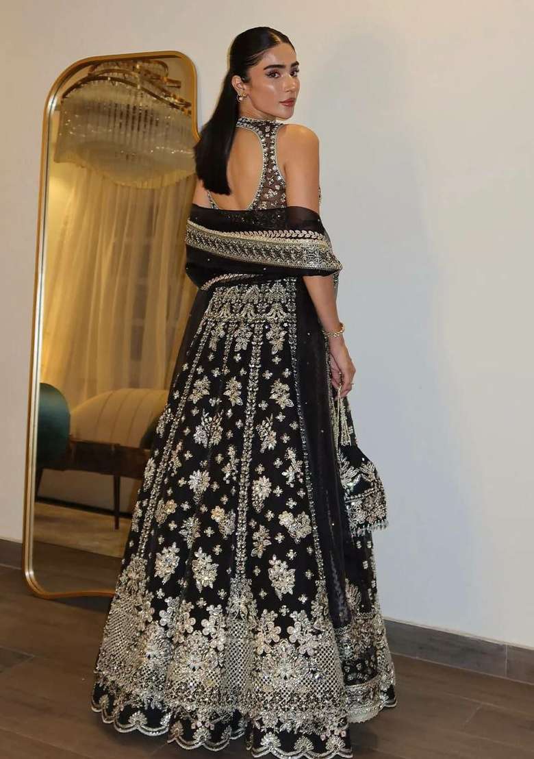 Black Sequin Work Chinon Lehenga Set - Indya