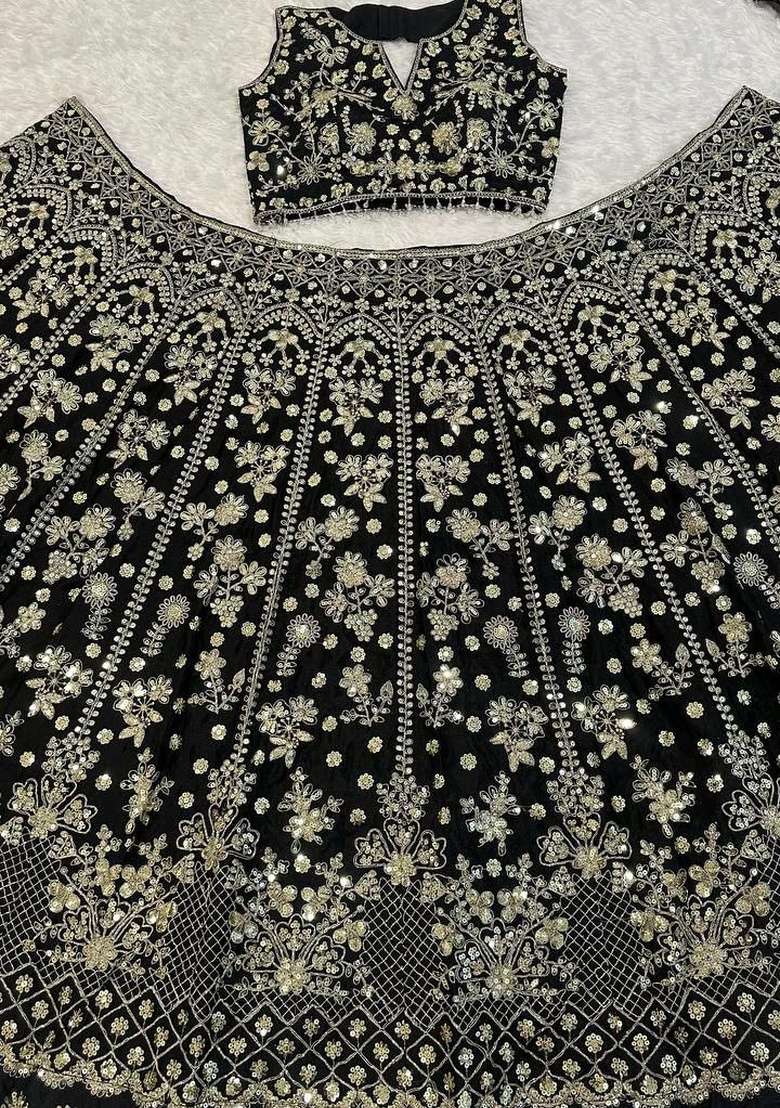 Black Sequin Work Chinon Lehenga Set - Indya