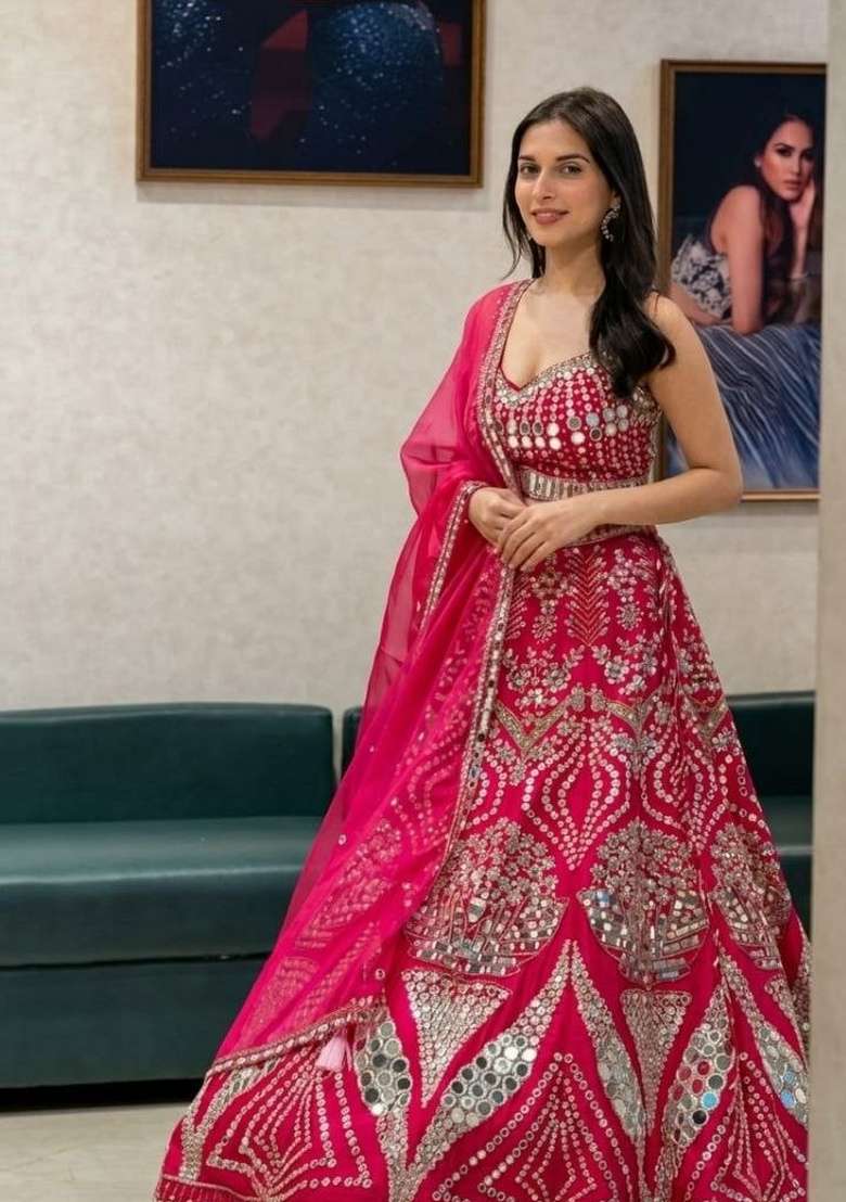 Pink Sequin Work Satin Lehenga Set - Indya