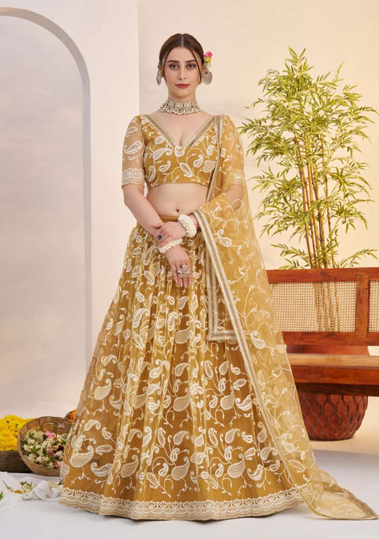 Light Golden Thread Work Net Lehenga Set - Indya