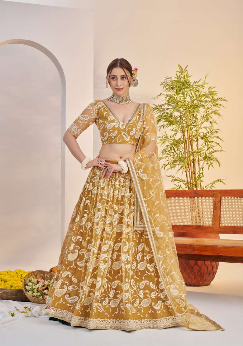 Light Golden Thread Work Net Lehenga Set - Indya