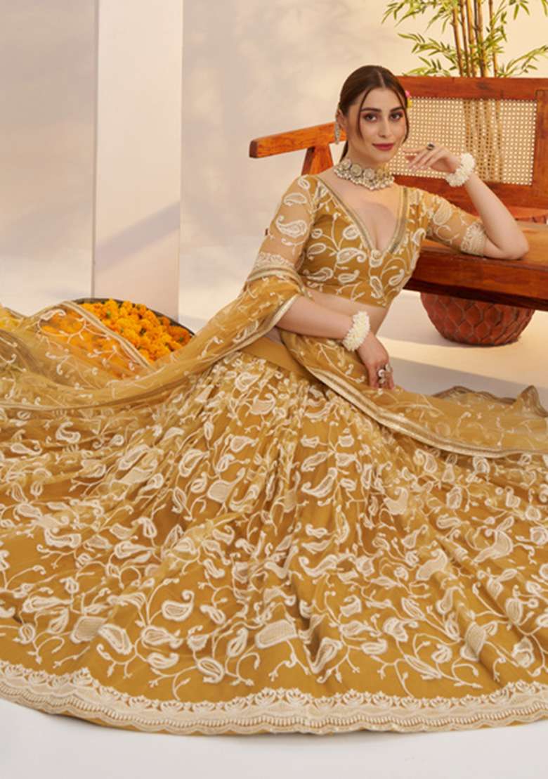 Light Golden Thread Work Net Lehenga Set - Indya