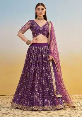 Dark Purple Sequin Work Net Lehenga Set