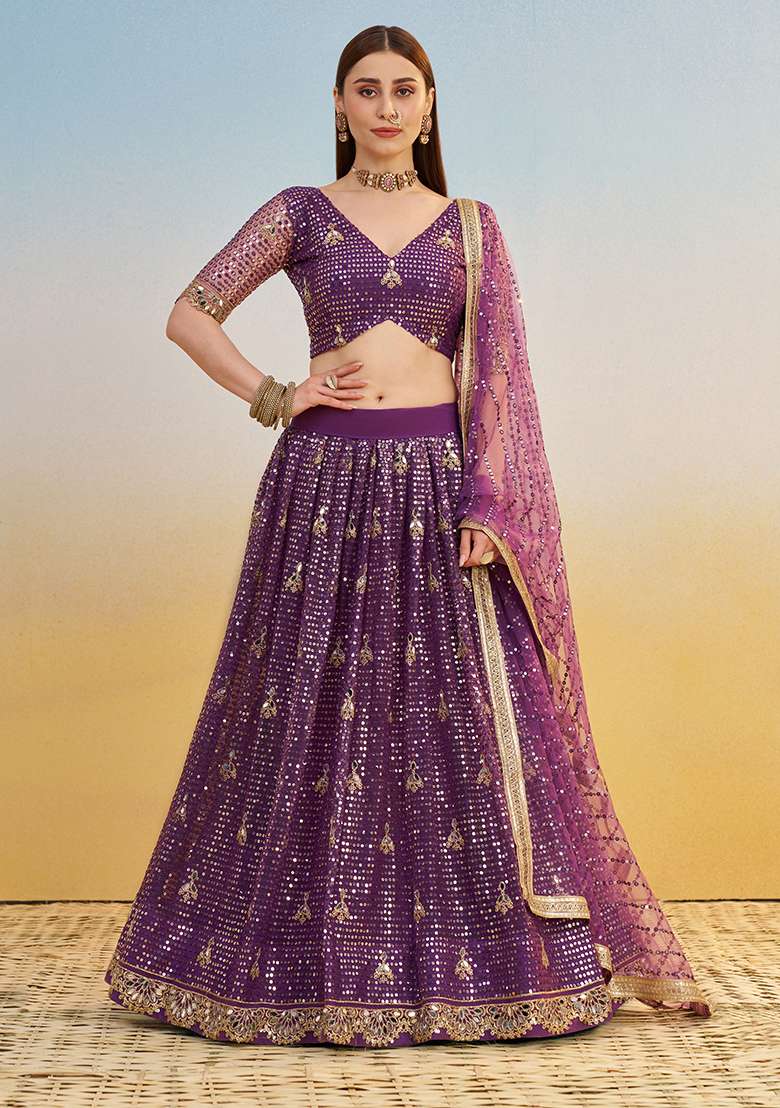 Dark Purple Sequin Work Net Lehenga Set - Indya