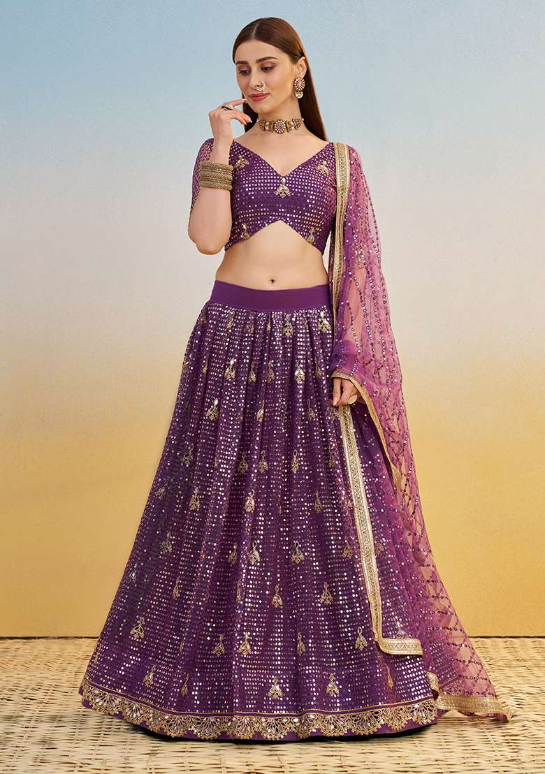 Dark Purple Sequin Work Net Lehenga Set - Indya