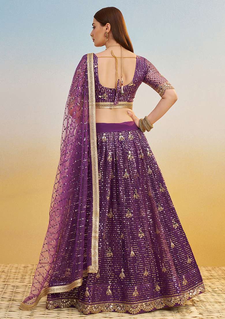 Dark Purple Sequin Work Net Lehenga Set - Indya