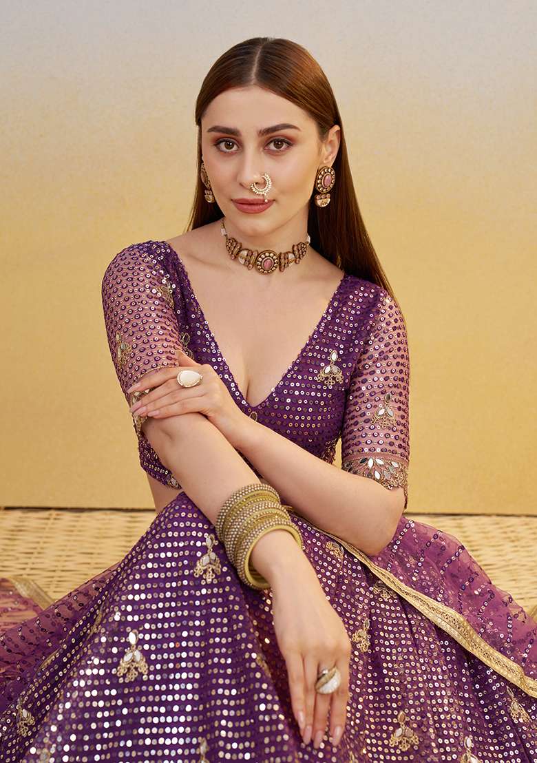 Dark Purple Sequin Work Net Lehenga Set - Indya