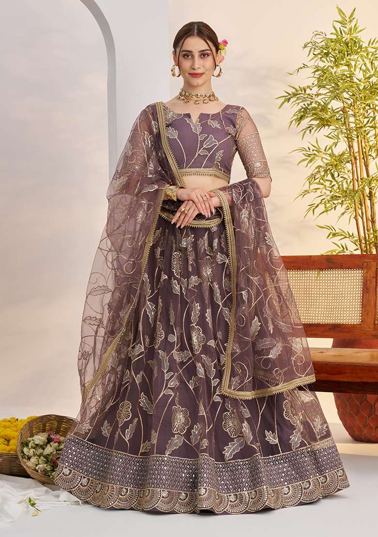 Dark Onion Sequin Work Net Lehenga Set - Indya