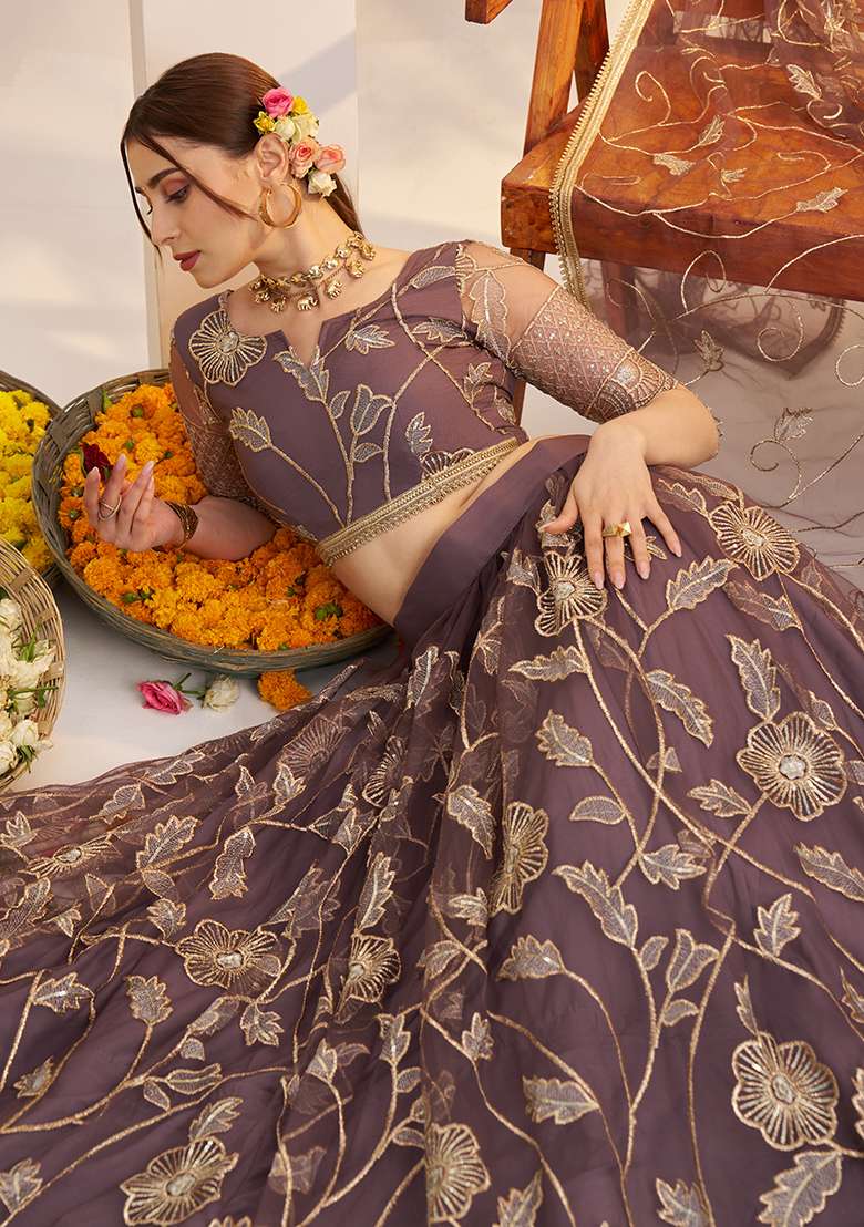 Dark Onion Sequin Work Net Lehenga Set - Indya