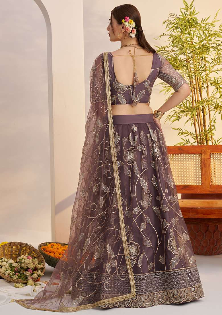Dark Onion Sequin Work Net Lehenga Set - Indya