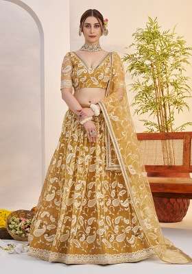 Light Golden Sequin Work Net Lehenga Set