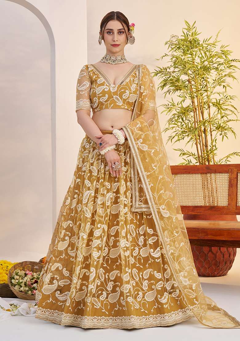 Light Golden Sequin Work Net Lehenga Set - Indya