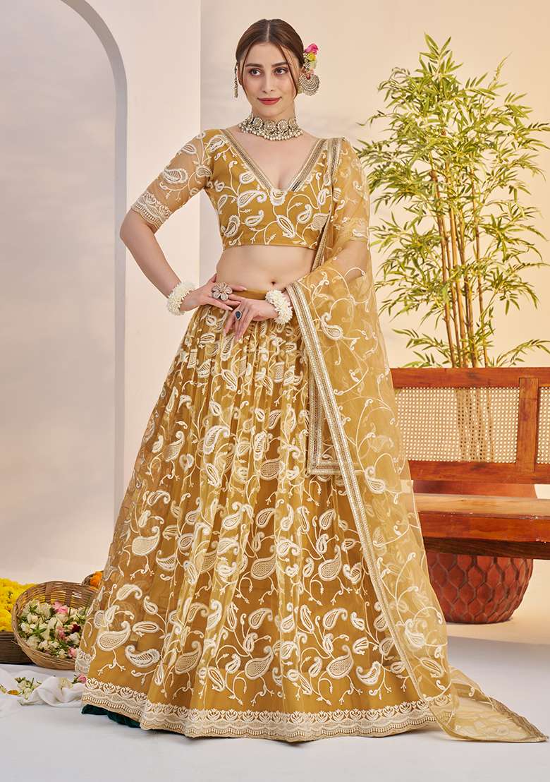 Light Golden Sequin Work Net Lehenga Set - Indya