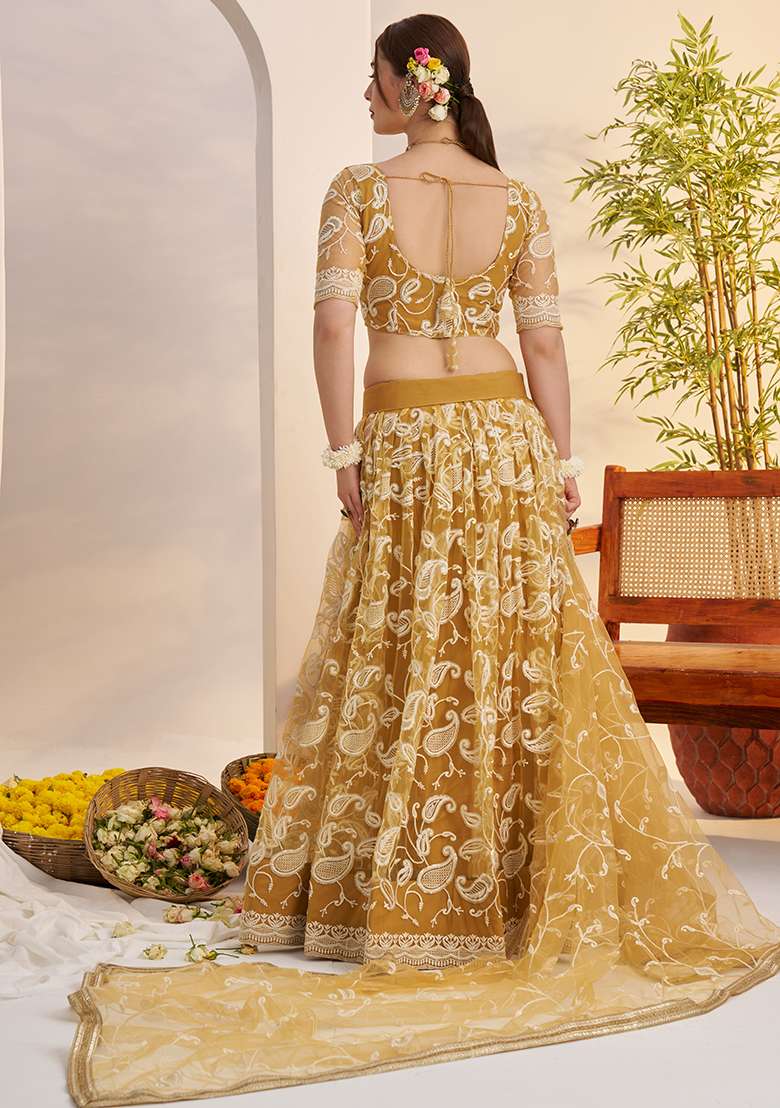 Light Golden Sequin Work Net Lehenga Set - Indya