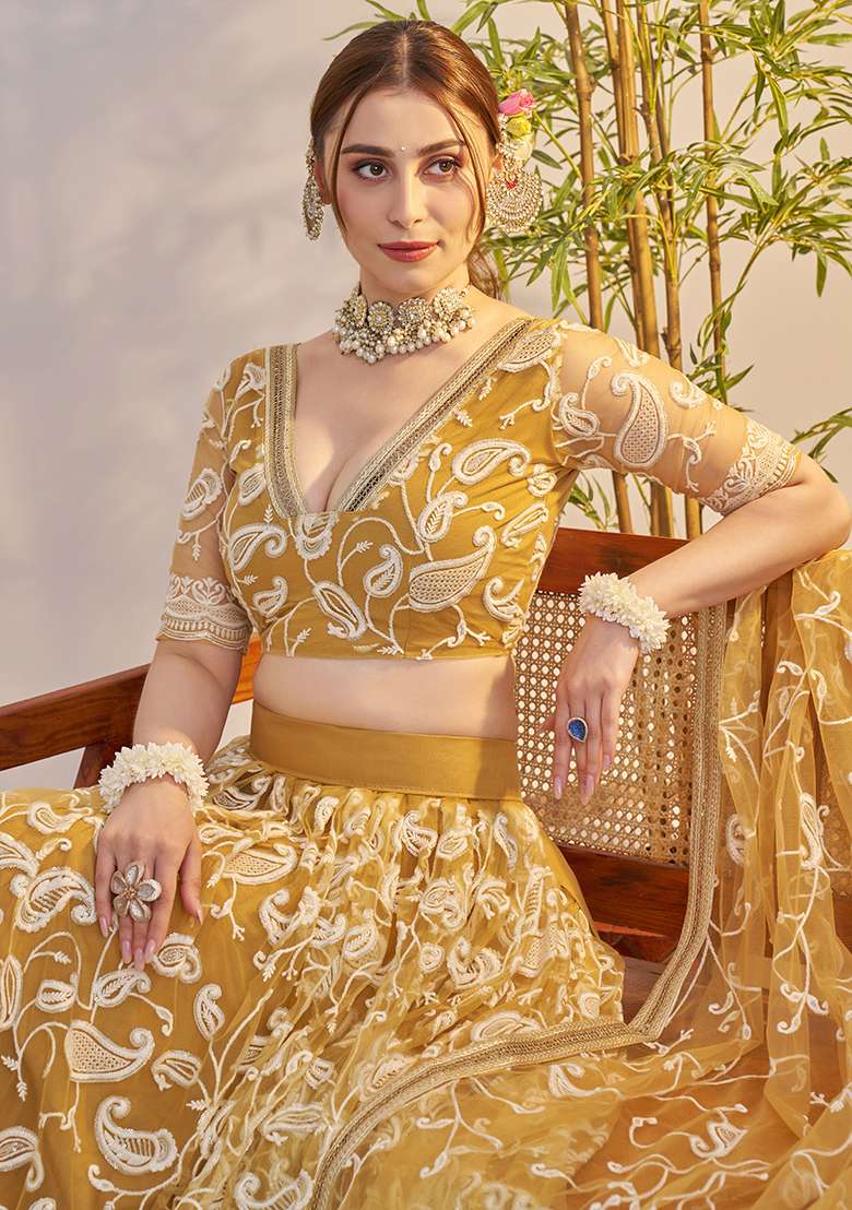 Light Golden Sequin Work Net Lehenga Set - Indya