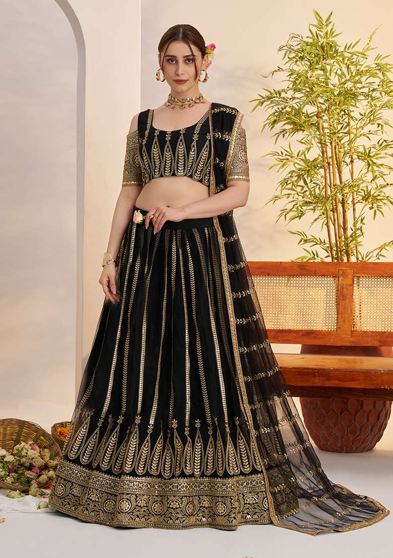 Black Sequin Work Net Lehenga Set - Indya