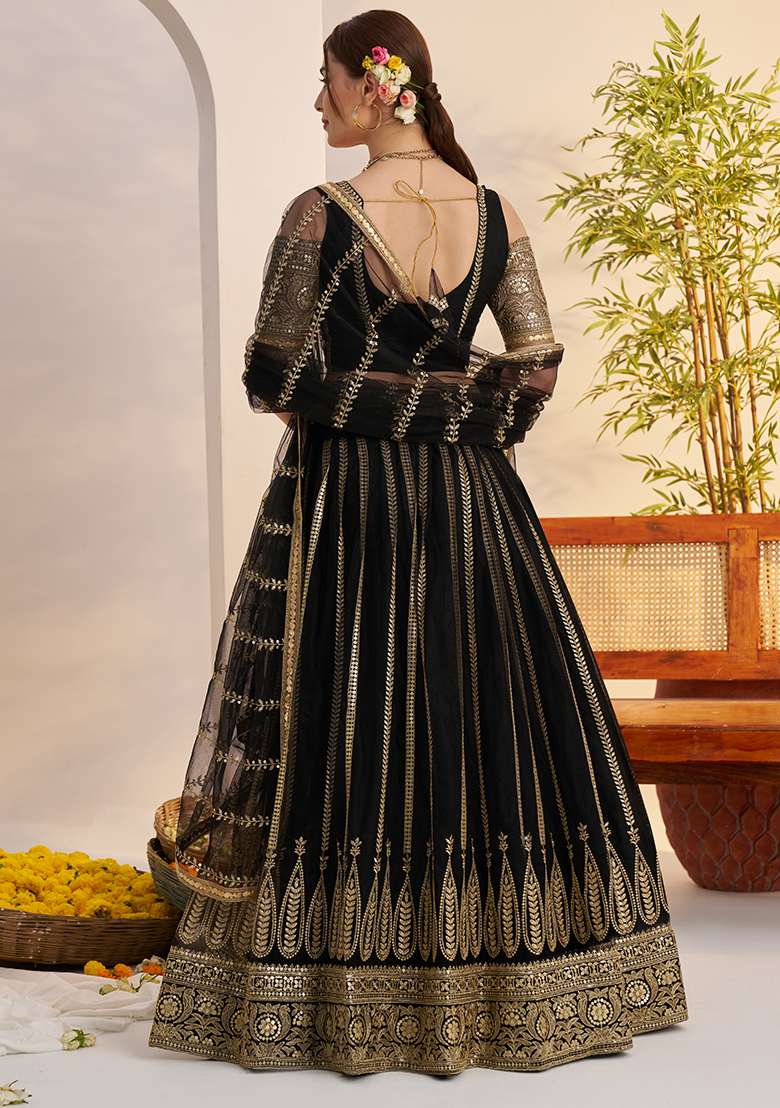 Black Sequin Work Net Lehenga Set - Indya