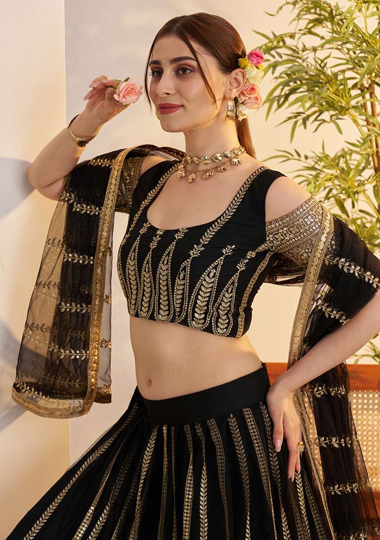 Black Sequin Work Net Lehenga Set - Indya