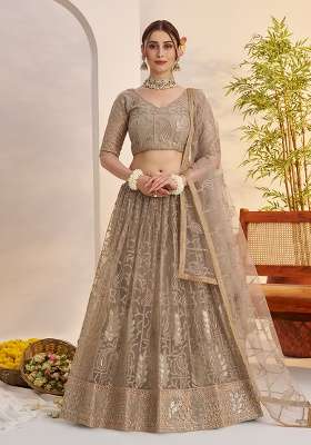 Matelic Grey Sequin Work Net Lehenga Set
