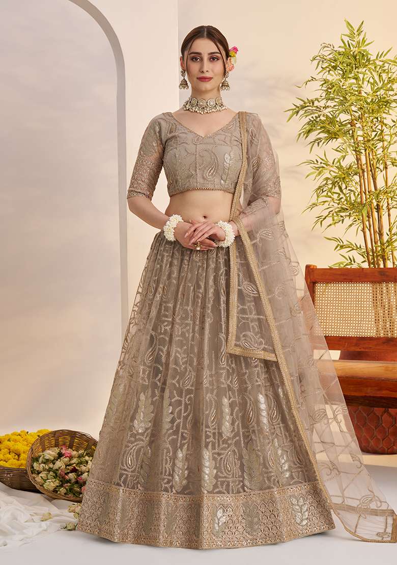 Matelic Grey Sequin Work Net Lehenga Set - Indya