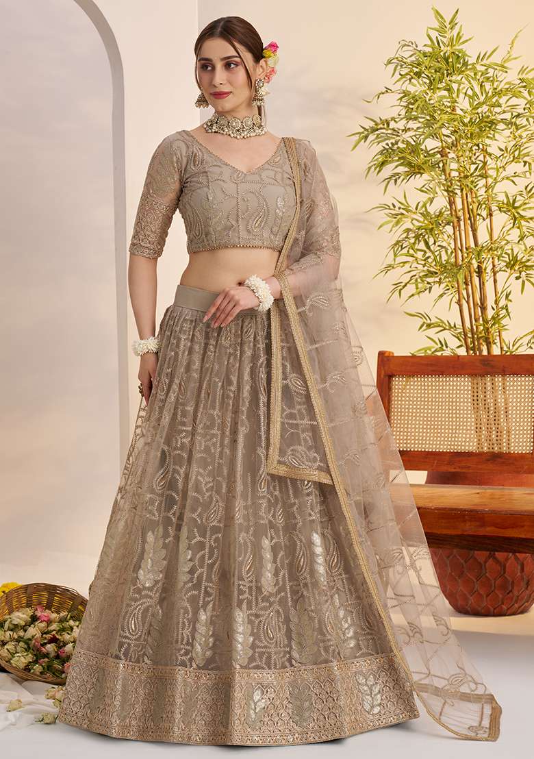 Matelic Grey Sequin Work Net Lehenga Set - Indya