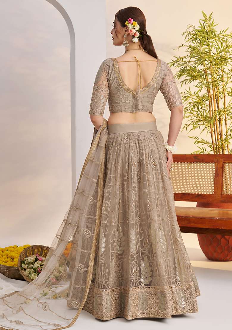 Matelic Grey Sequin Work Net Lehenga Set - Indya