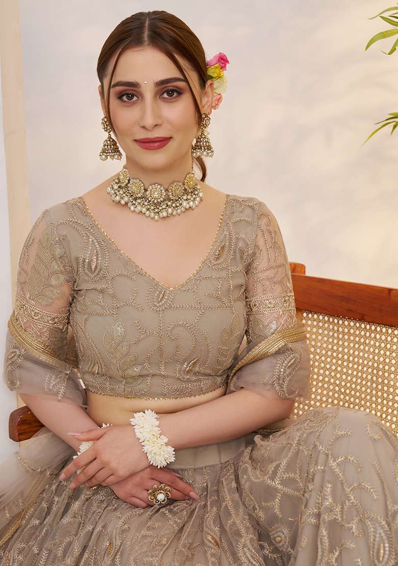 Matelic Grey Sequin Work Net Lehenga Set - Indya