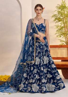 Morpeach Blue Sequin Work Net Lehenga Set