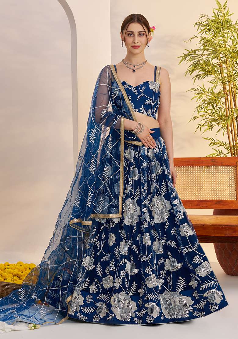 Morpeach Blue Sequin Work Net Lehenga Set - Indya