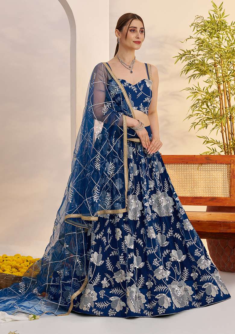 Morpeach Blue Sequin Work Net Lehenga Set - Indya