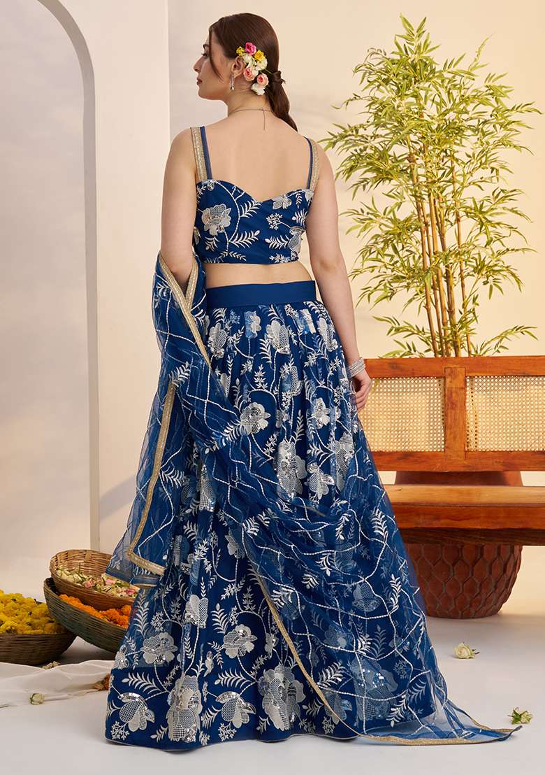 Morpeach Blue Sequin Work Net Lehenga Set - Indya