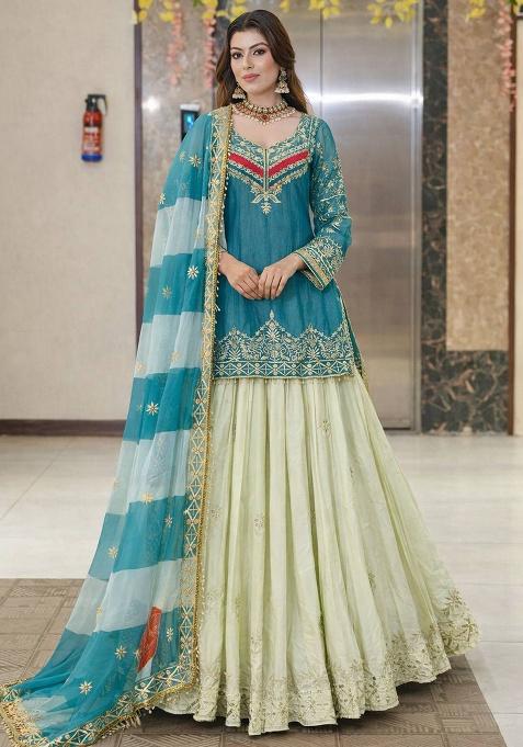 Sky Blue Embroidery Silk Lehenga Set