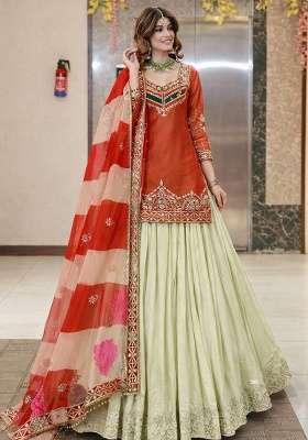 Rust Silk Lehenga Set with Embroidery for Diwali | Wedding & Festive Wear